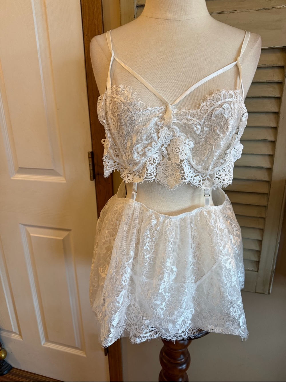 Delicate White Lace Bralette & Skirt Intimate Set